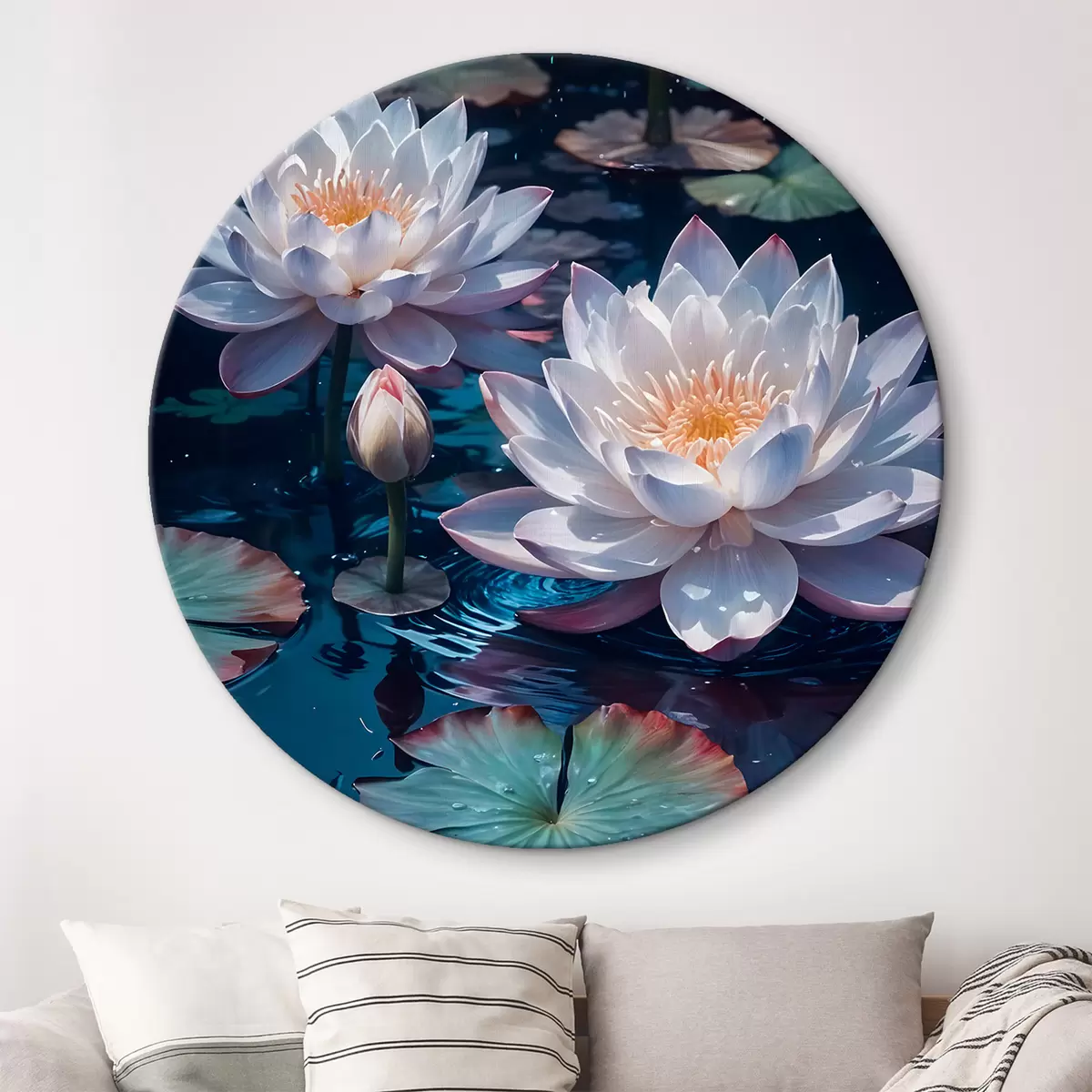 Quadri rotondi Fiori di loto bianchi che galleggiano su uno stagno tranquillo con ninfee r42225
