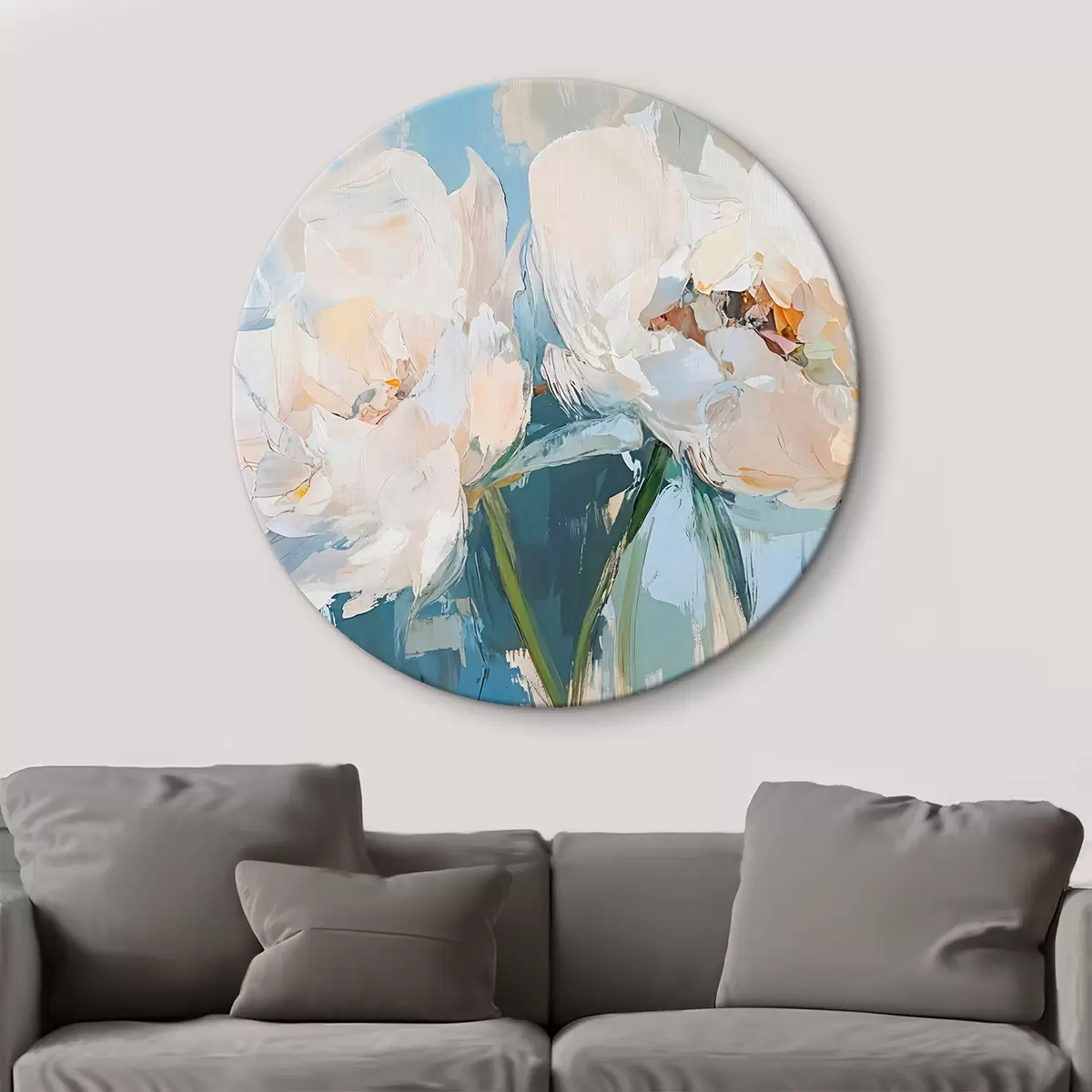 Quadri rotondi Bianco minimalista astratto peonie pittura ad olio imitazione su uno sfondo blu morbido r42226