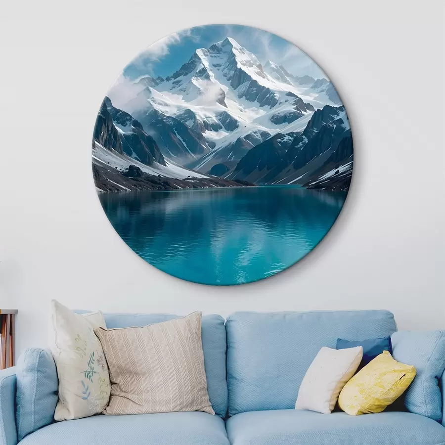 carta da parati Una vetta innevata che si riflette in un lago sereno e turchese, circondato da un terreno roccioso e da nuvole spettacolari nr. r42232