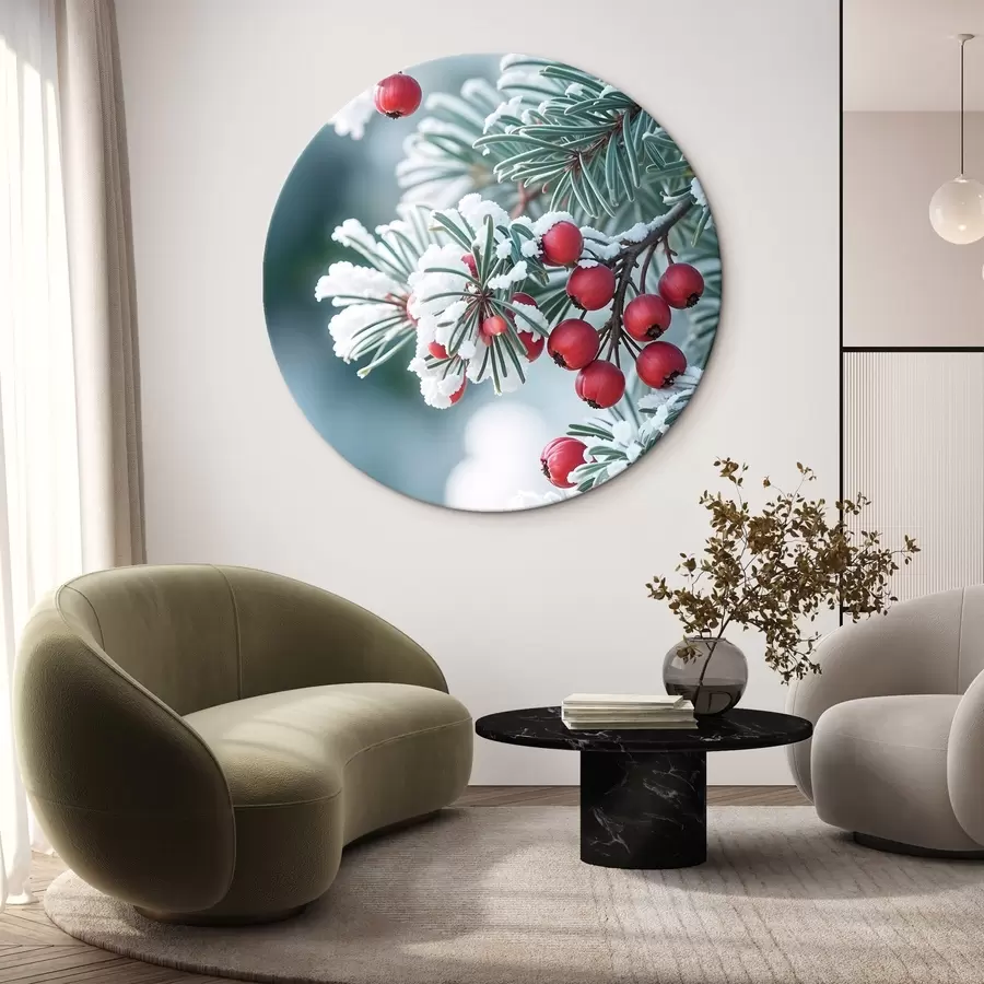 carta da parati Ramo di pino innevato con bacche rosse , scena invernale nr. r42238