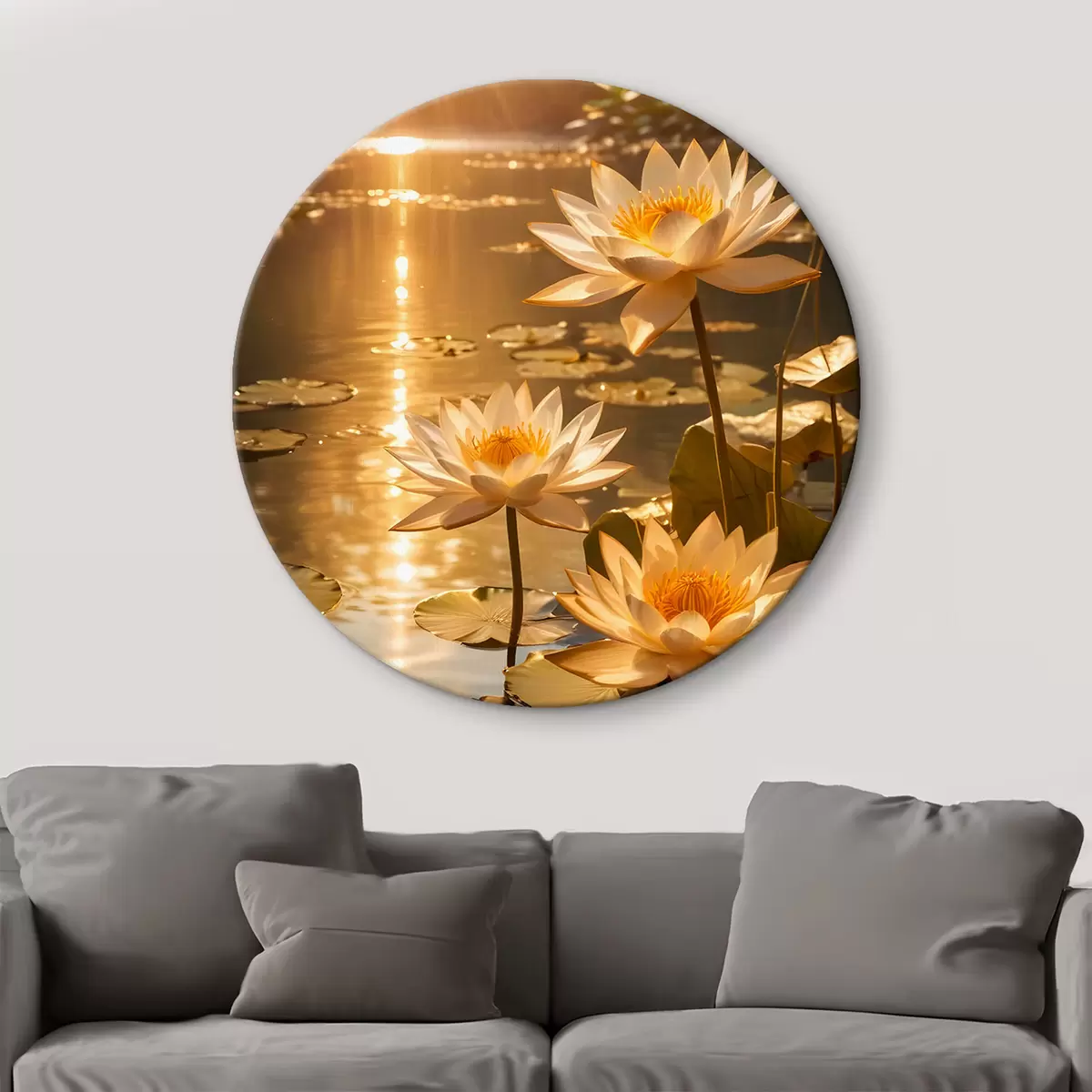Quadri rotondi Fiori di loto bianchi che galleggiano su uno stagno calmo con il sole, creando un'atmosfera serena e tranquilla r42239