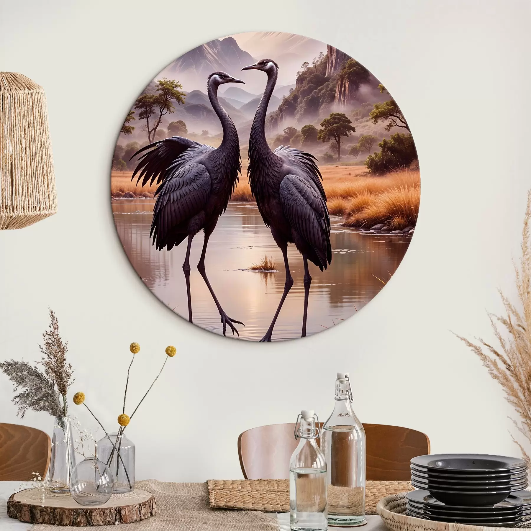 carta da parati Due grandi gru nere in piedi in uno stagno poco profondo, con un paesaggio montuoso sullo sfondo nr. r42240
