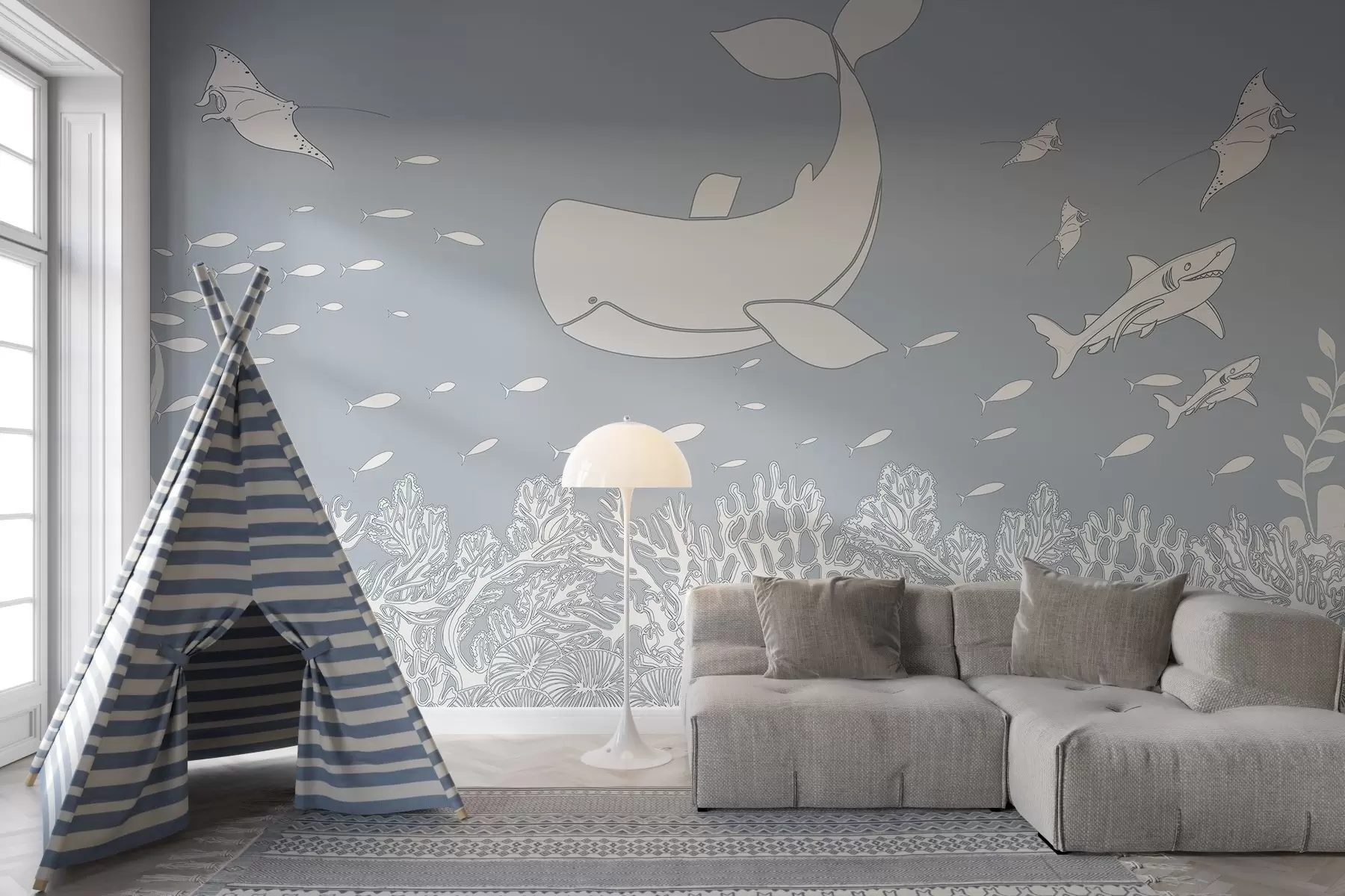 Carta da parati Mare Viaggio con la balena, tonalità blu