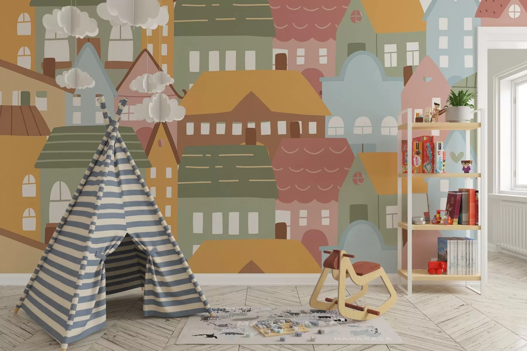 Carta da parati per Bambini Case multicolori 