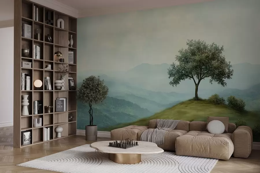 Carta da parati nature panorama con un albero su una collina 