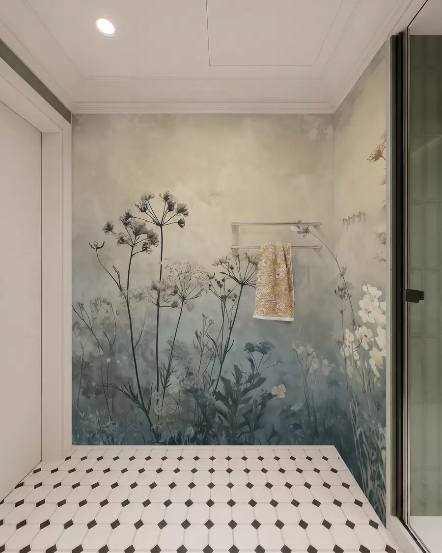 Carta da parati nature carta da parati in stile ecologico con fiori e piante selvatiche su uno sfondo strutturato 
