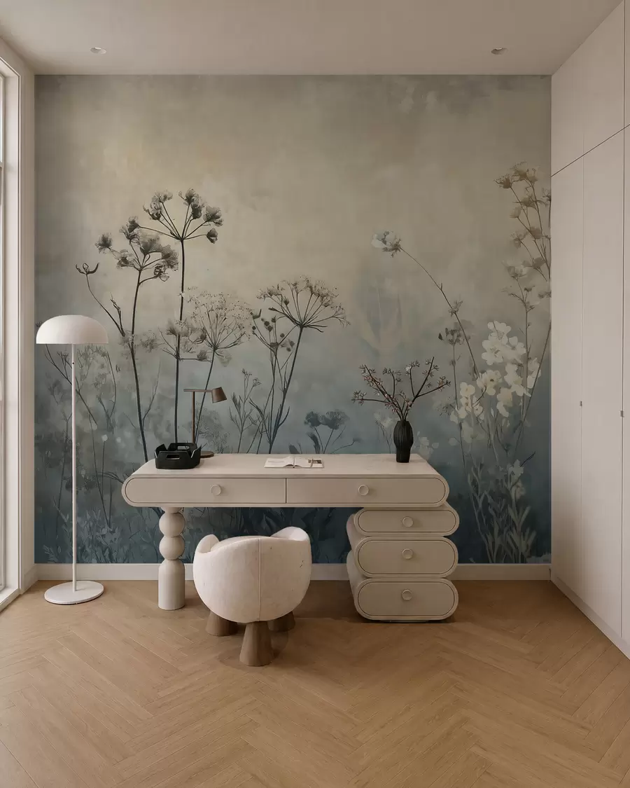 Carta da parati nature carta da parati in stile ecologico con fiori e piante selvatiche su uno sfondo strutturato 