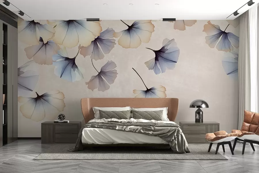 carta da parati Foglie di ginkgo dai colori pastello blu e beige con delicati petali che fluttuano nell'aria su uno sfondo materico nr. w08578