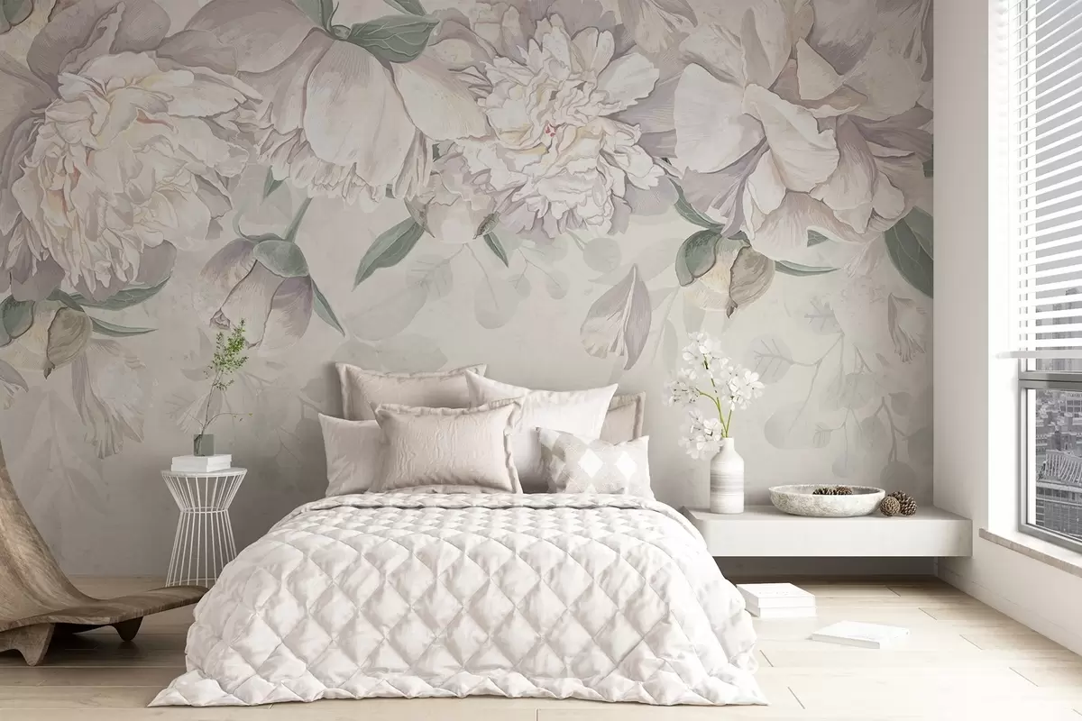 carta da parati Delicate peonie bianche e rosa pastello con foglie verdi, disposte in un morbido e romantico sfondo floreale nr. w08577