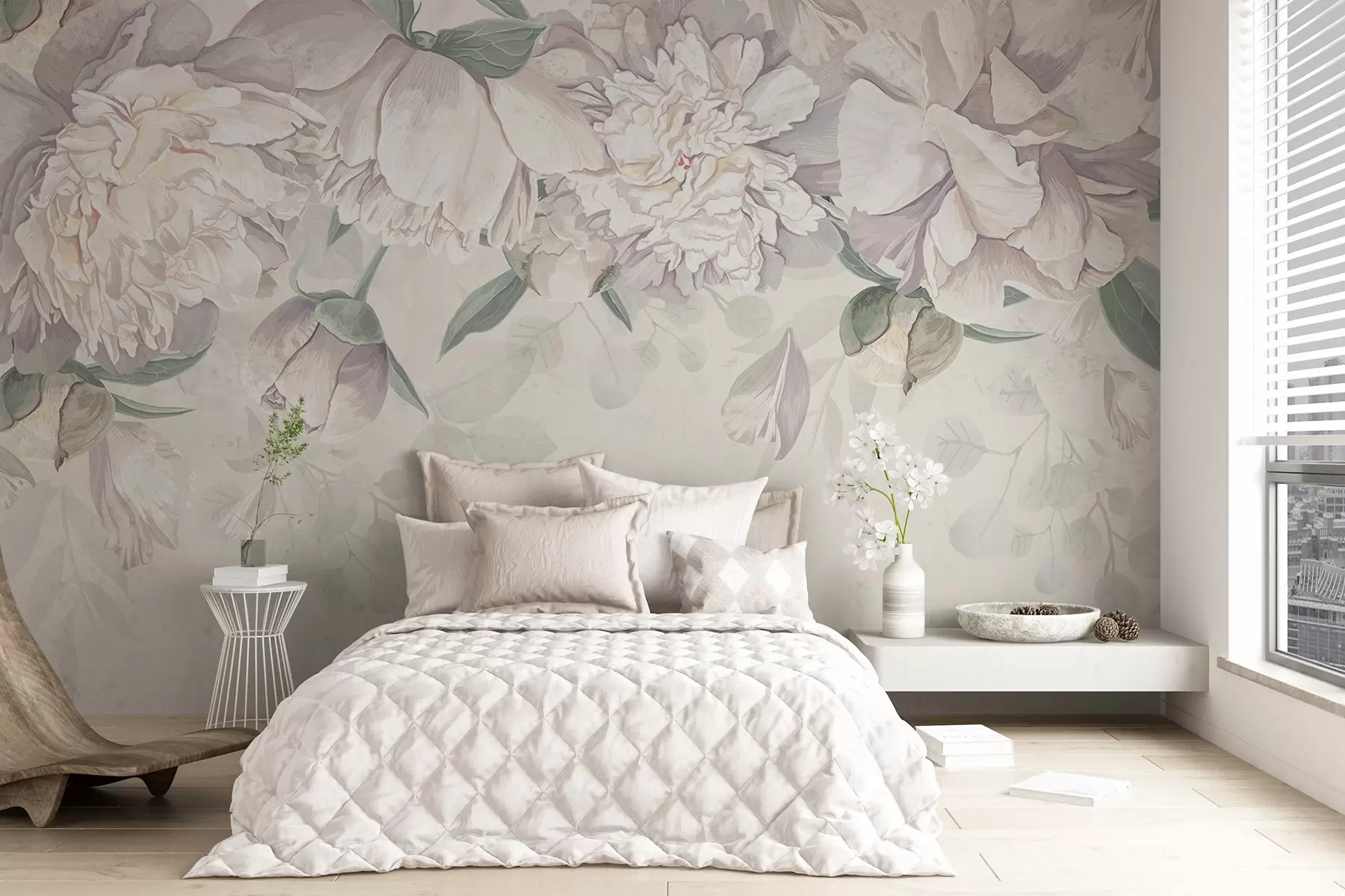 Carta da parati Floreale Delicate peonie bianche e rosa pastello con foglie verdi, disposte in un morbido e romantico sfondo floreale n. w08577