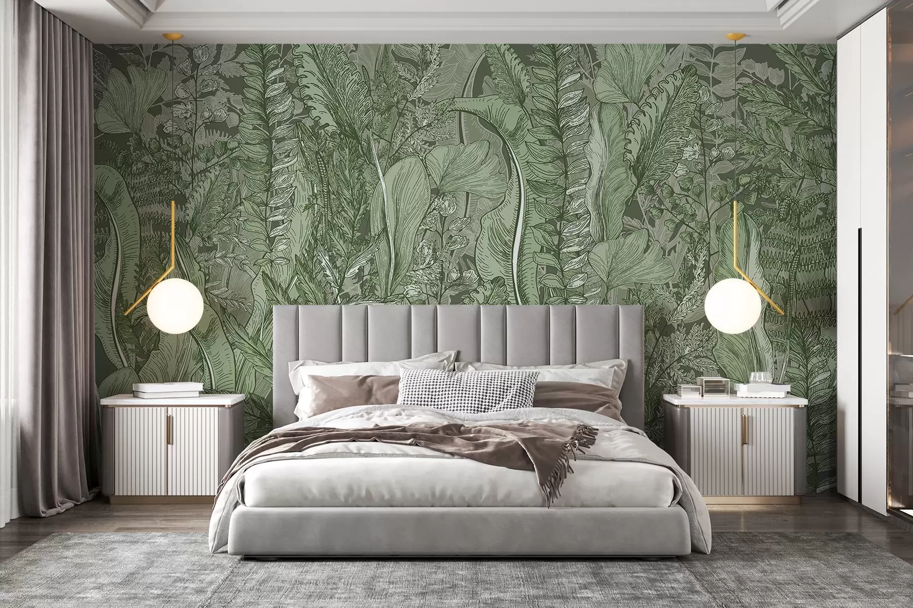 carta da parati Una foresta rigogliosa e verdeggiante con vari tipi di felci, foglie e fogliame nelle tonalità del verde  nr. w08579