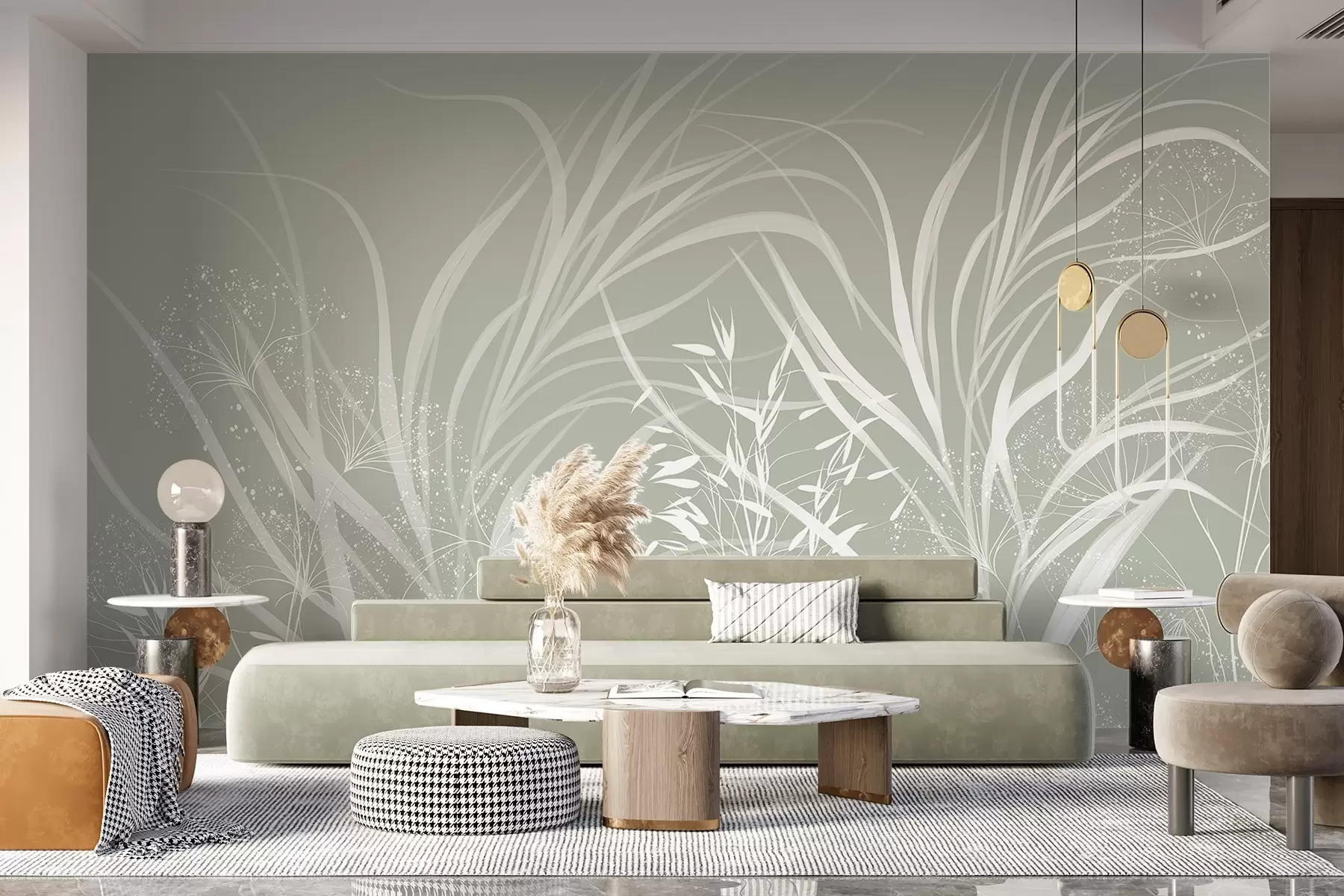 Carta da parati nature Delicata e moderna stampa floreale minimalista bianca su sfondo verde pastello chiaro 