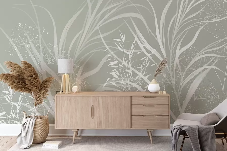 Carta da parati nature Delicata e moderna stampa floreale minimalista bianca su sfondo verde pastello chiaro 