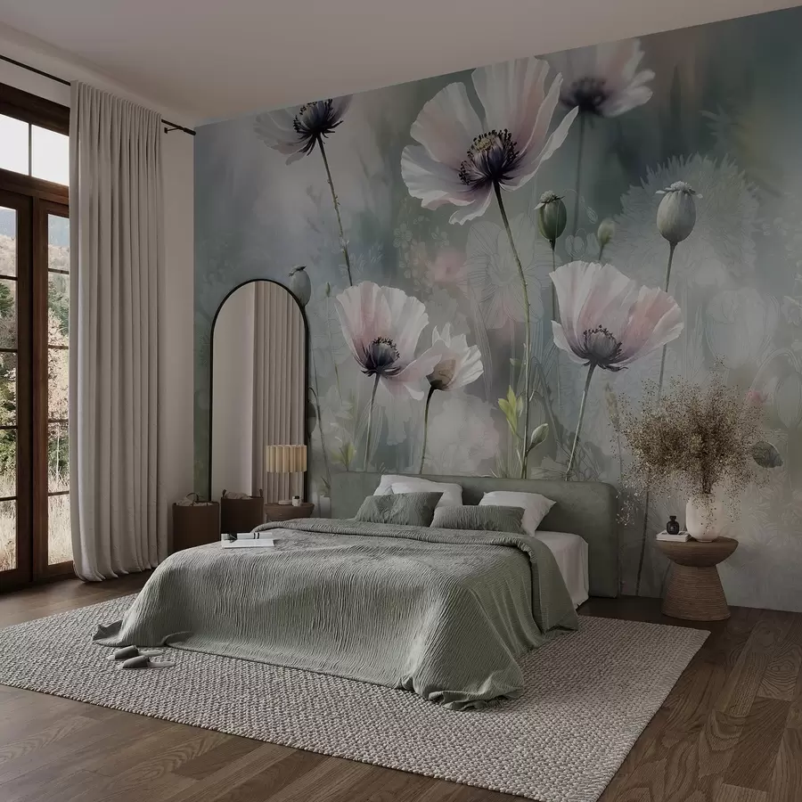 Carta da parati Floreale Delicati papaveri rosa e viola con steli e boccioli verdi su uno sfondo morbido e sfuocato n. w08585