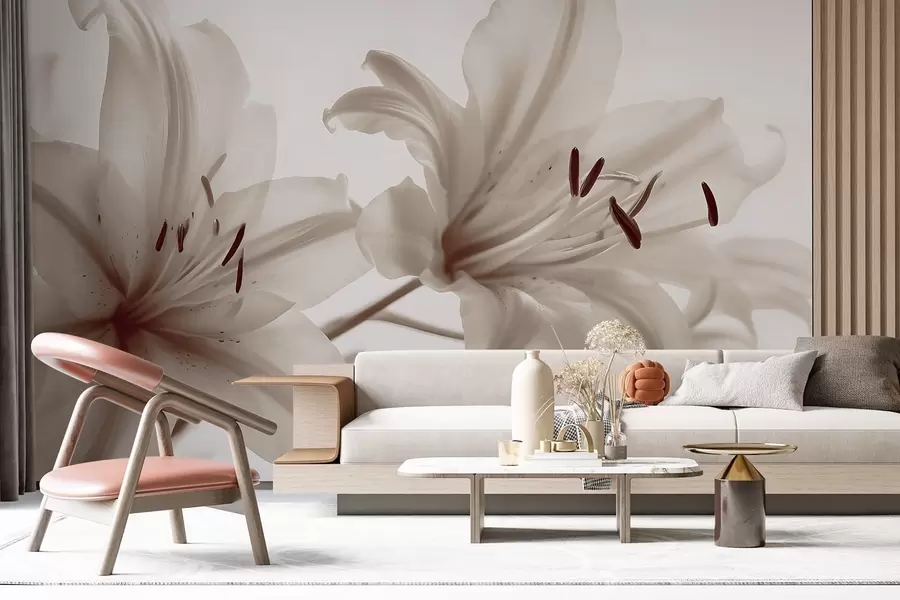 Carta da parati Floreale Primo piano con messa a fuoco morbida di fiori di giglio minimalisti beige su uno sfondo chiaro n. w08586v1