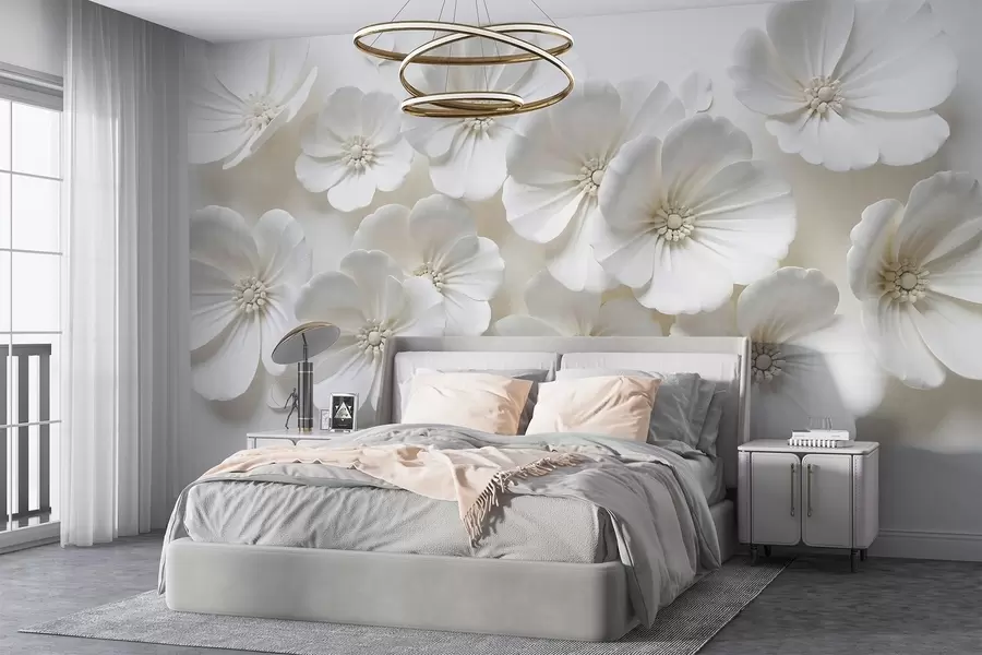 Carta da parati Floreale Fiori bianchi con petali e centri delicati su uno sfondo chiaro n. w08587