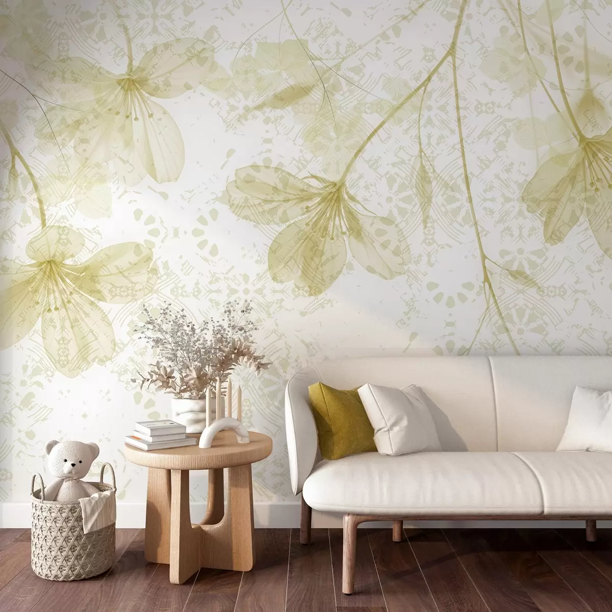 carta da parati Delicati fiori gialli e bianchi con lunghi steli e petali su uno sfondo dalla texture morbida e sfocata nr. w08588v2