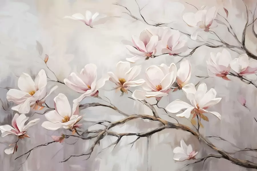 Carta da parati Floreale Delicati fiori di magnolia rosa che sbocciano su rami di alberi spogli su uno sfondo morbido e nebuloso n. w08589
