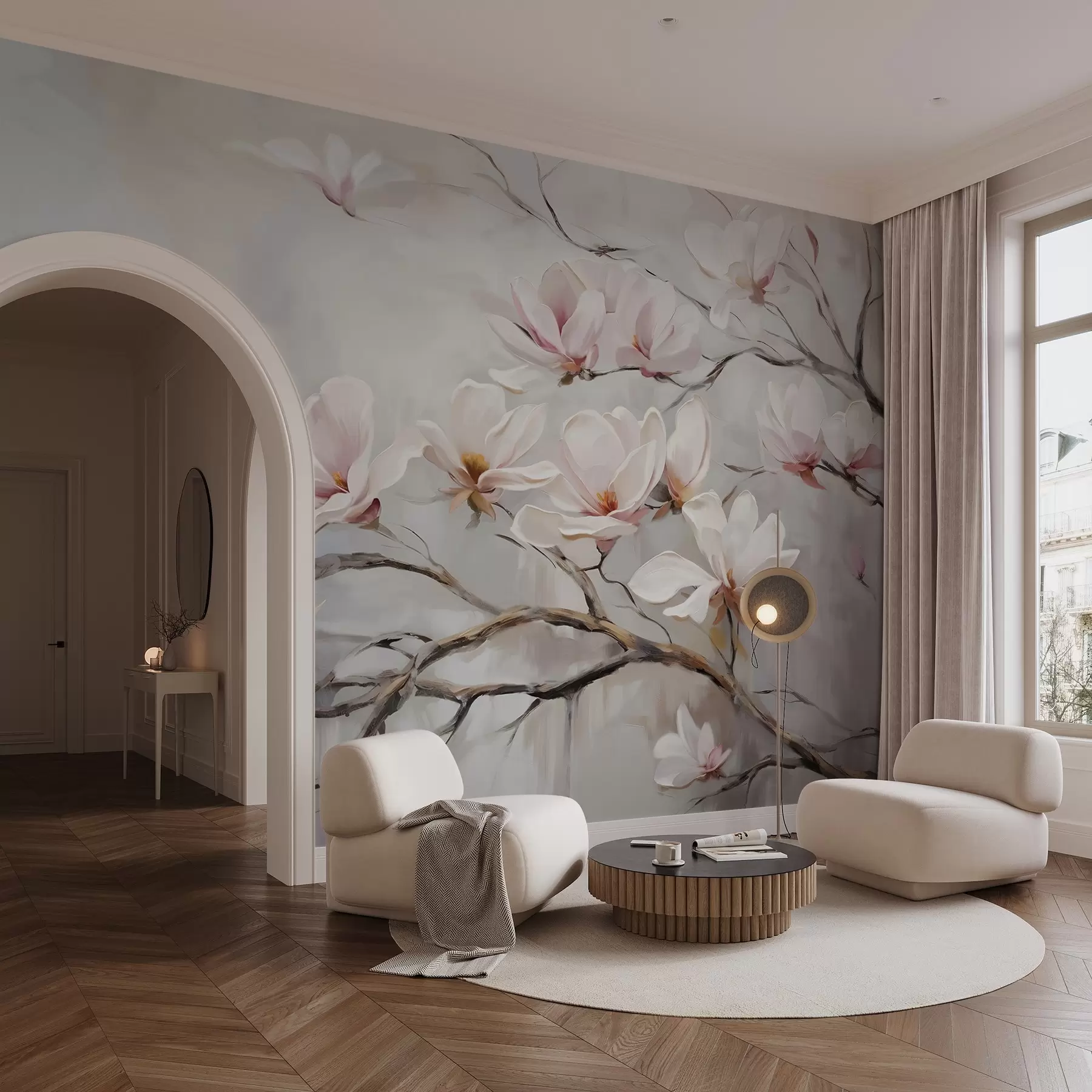 Carta da parati Floreale Delicati fiori di magnolia rosa che sbocciano su rami di alberi spogli su uno sfondo morbido e nebuloso n. w08589