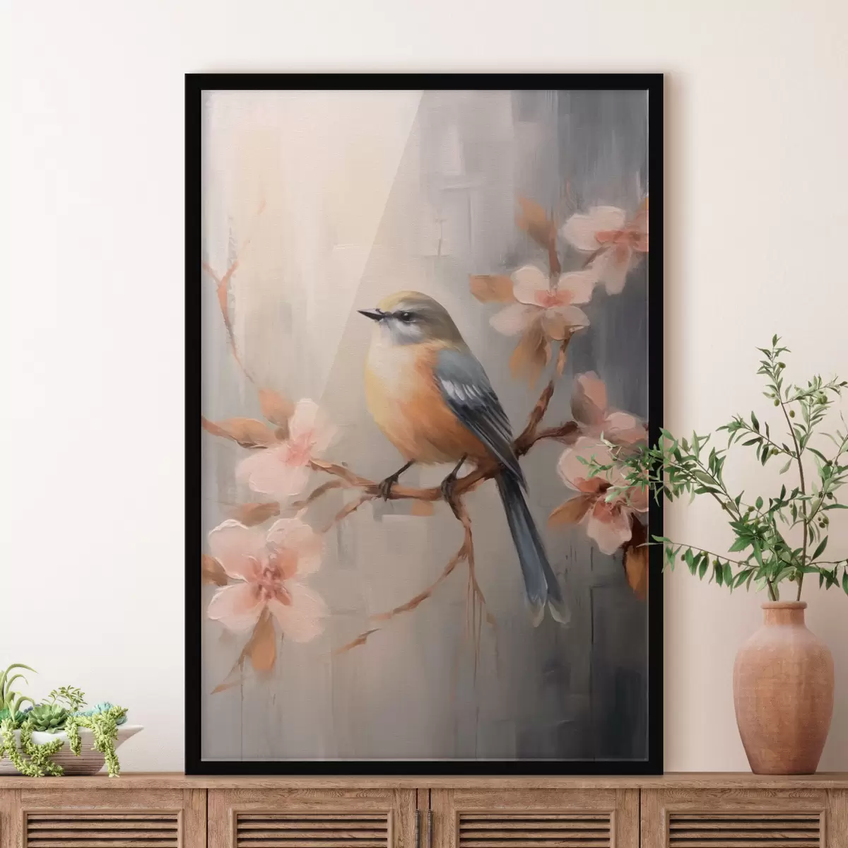 Poster Uccello su un ramo e fiori rosa f42302