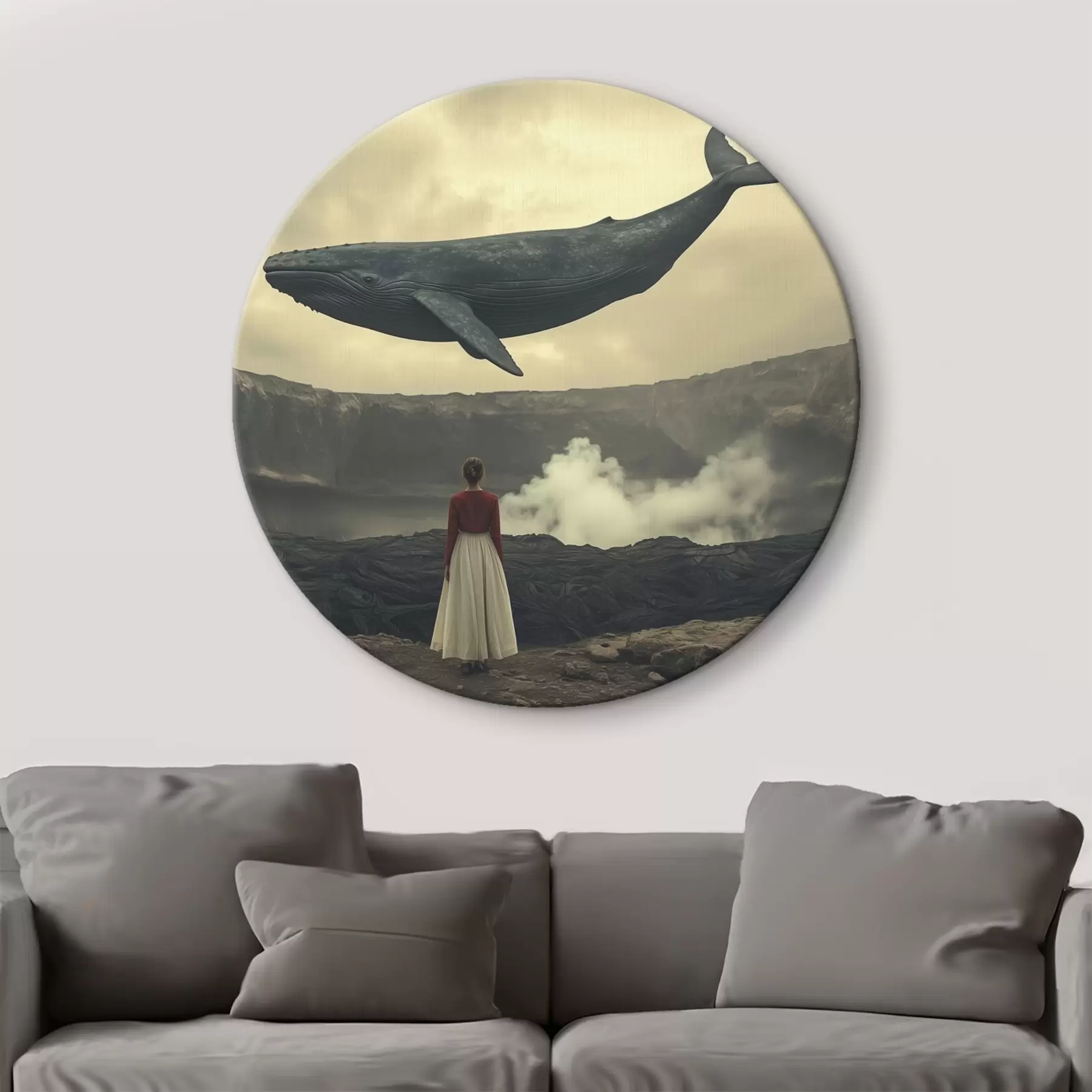carta da parati Ragazza sulla lava con una grande balena volante nel cielo nr. r40986