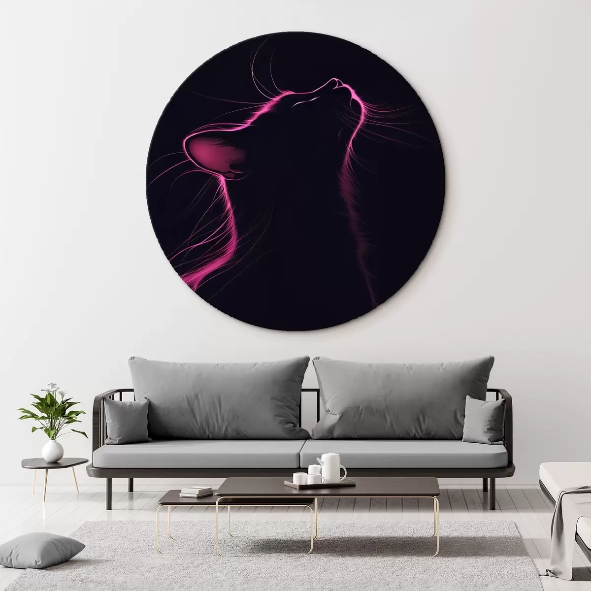 Quadri rotondi Gatto rosa al neon su sfondo nero r40994