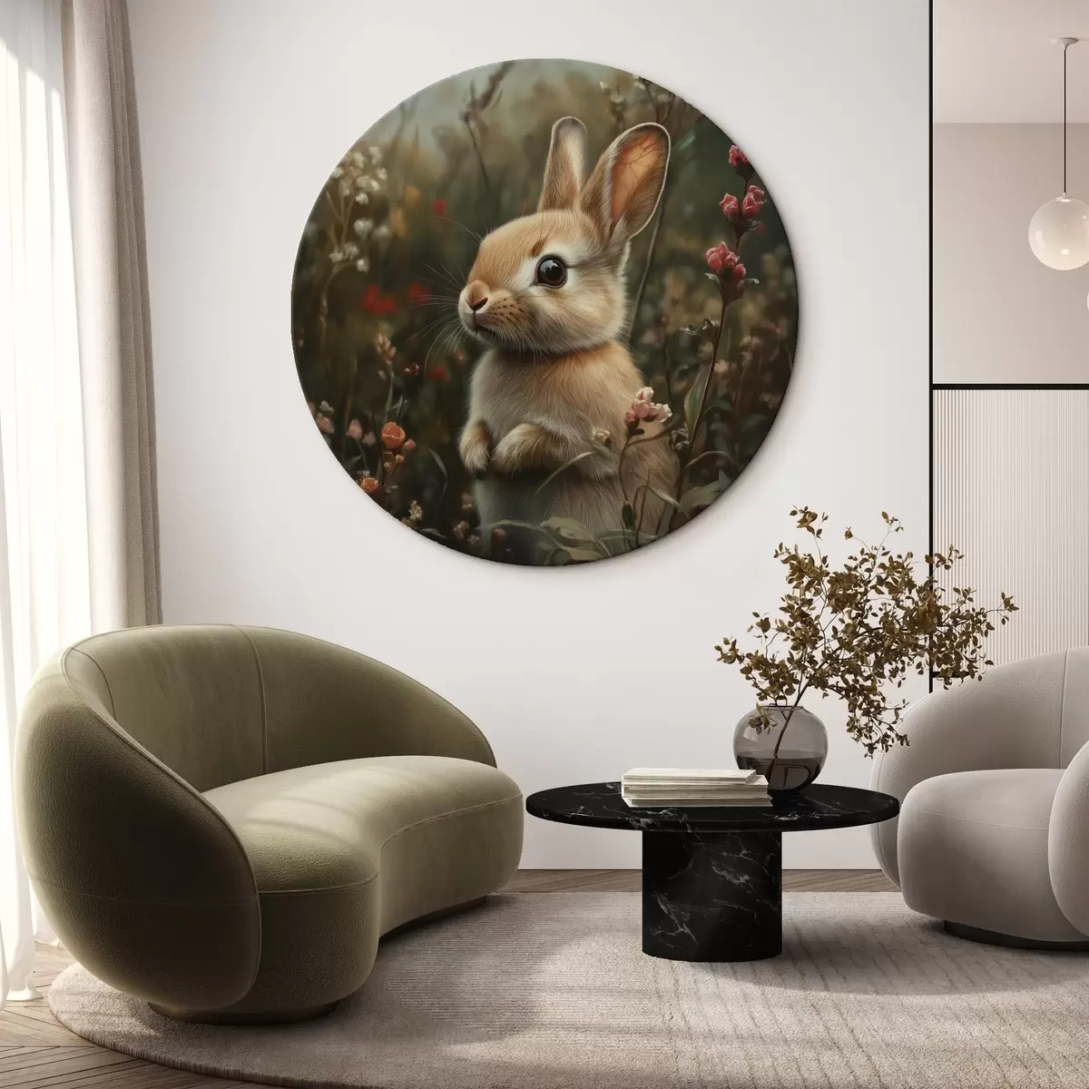 Quadri rotondi Un simpatico coniglietto tra fiori di campo in tonalità pastello r40998