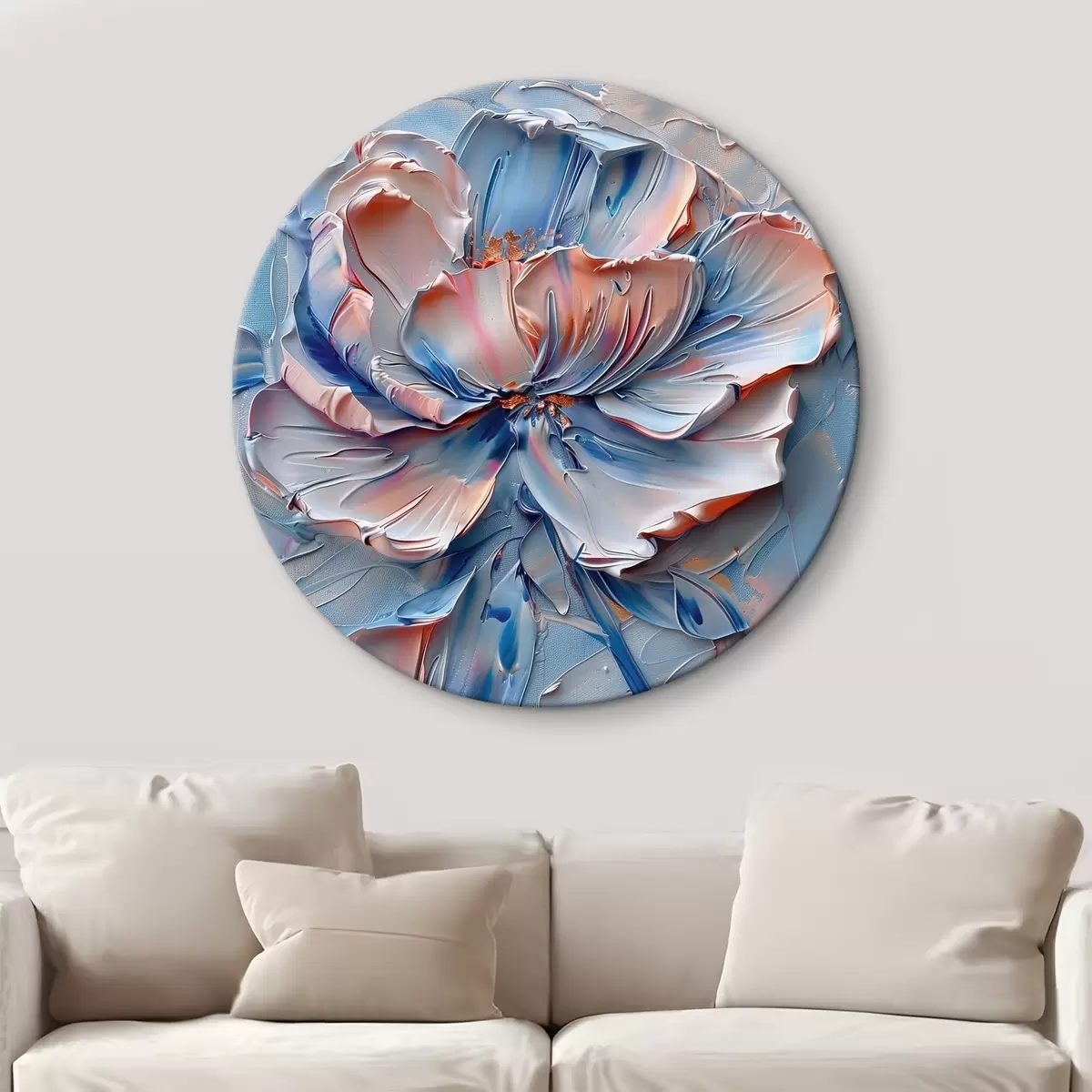 Quadri rotondi Un grande fiore con audaci pennellate di blu e pesca r41004