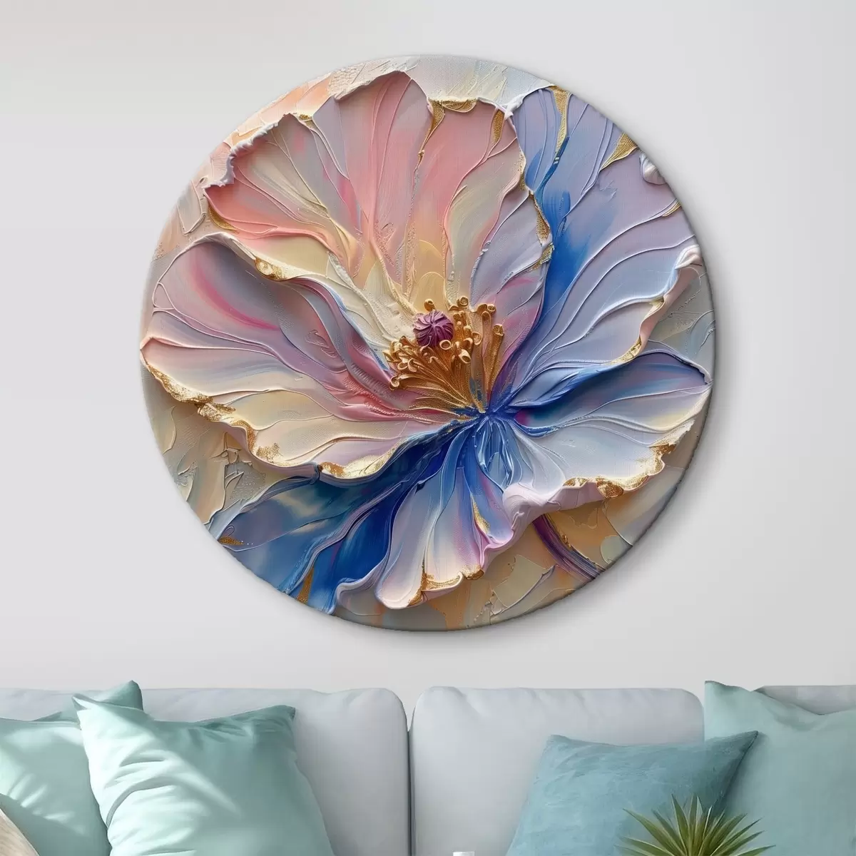 Quadri rotondi Un grande fiore dalle delicate sfumature di rosa e blu r41006