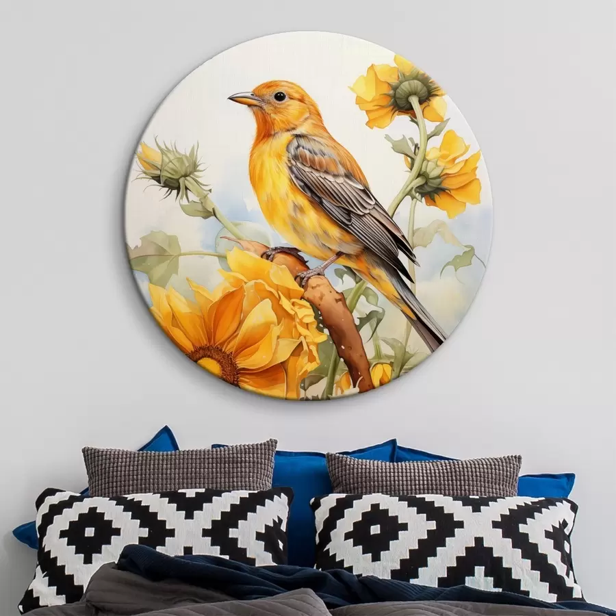 carta da parati Uccello giallo seduto su un girasole acquerello nr. r41015