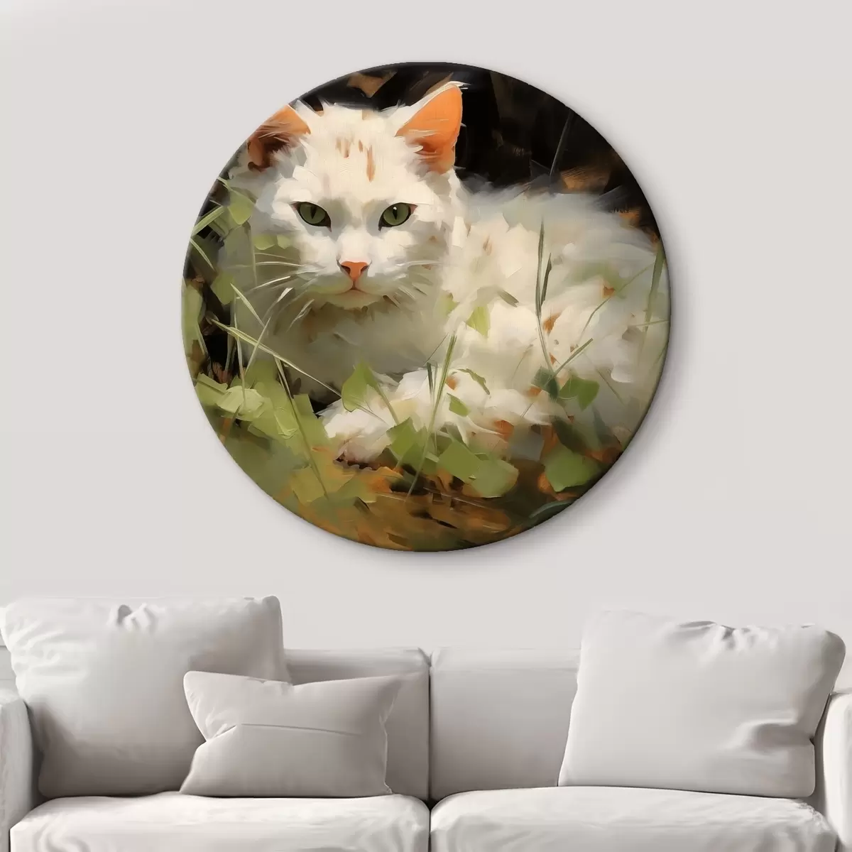 Quadri rotondi Gatto bianco sdraiato nell'erba, imitazione di pennellate r41017