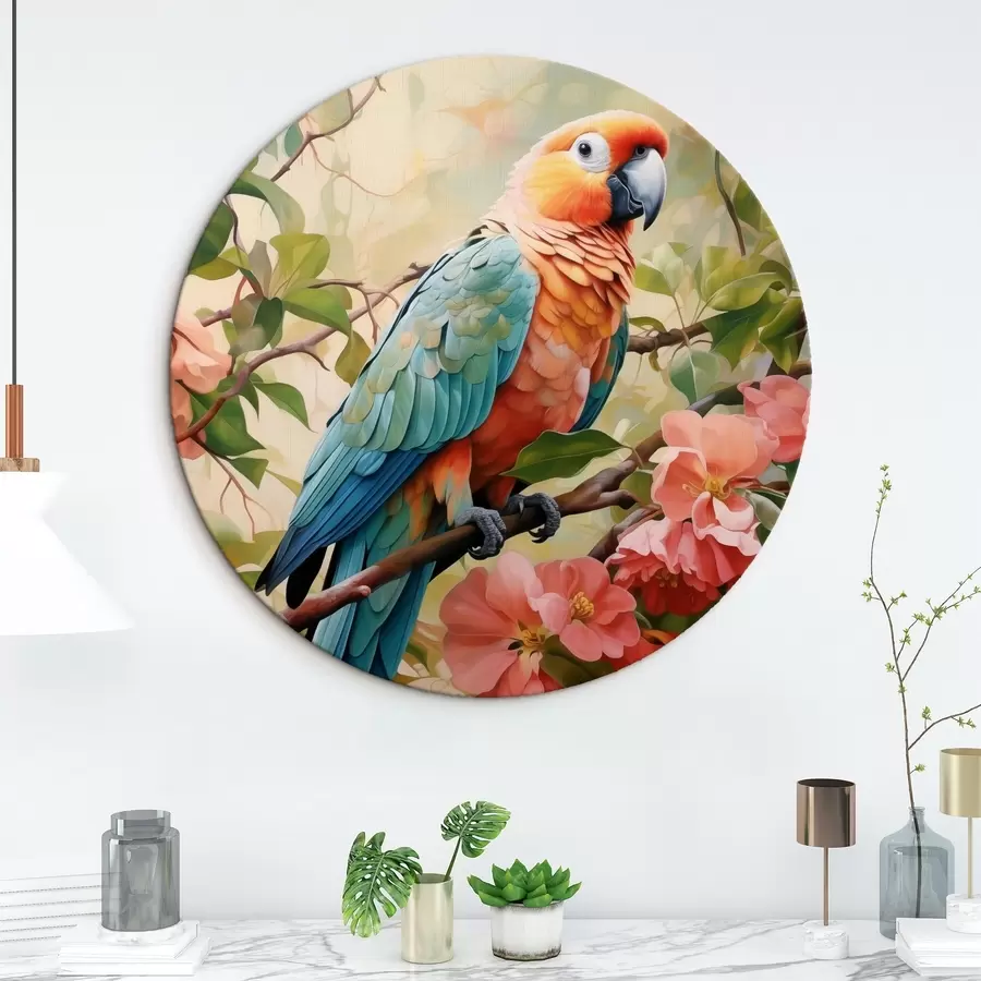 carta da parati Pappagallo fanello seduto su un ramo con fiori rosa nr. r41018