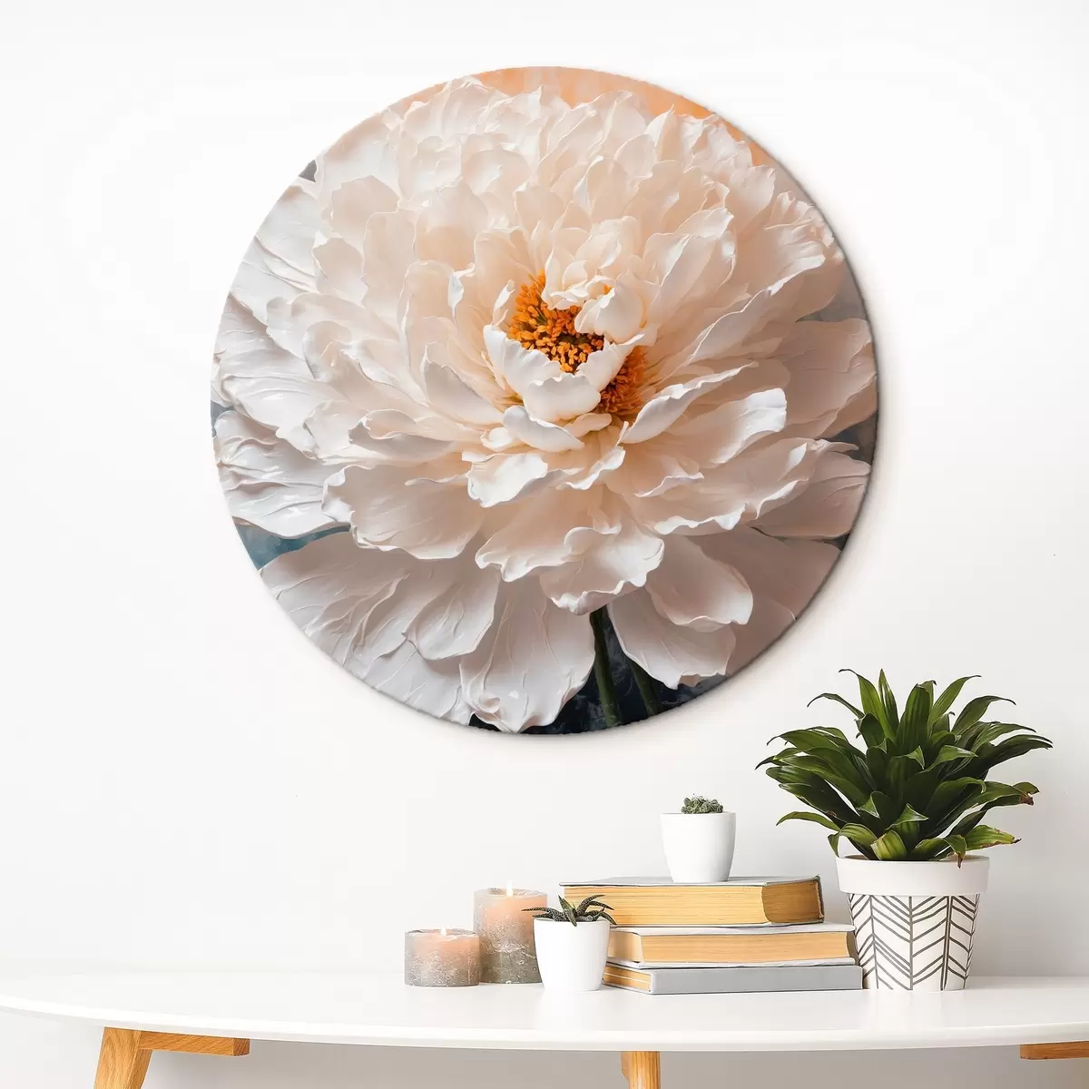 Quadri rotondi Fiore bianco su sfondo arancio-blu r41038