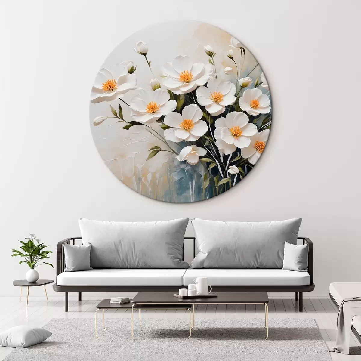 Quadri rotondi Fiori bianchi su sfondo sfocato r41039
