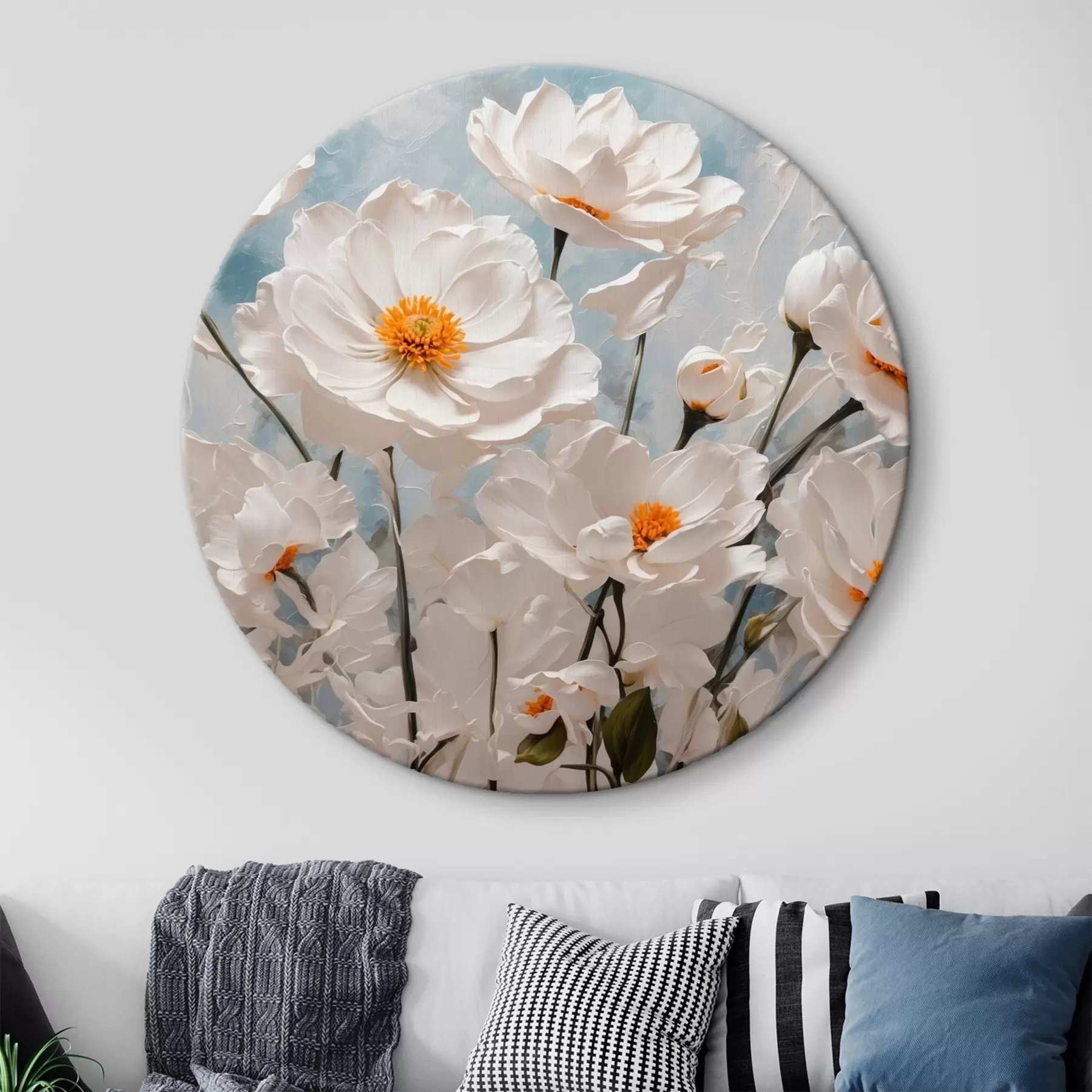 carta da parati Fiori bianchi su sfondo blu e bianco ad olio nr. r41041