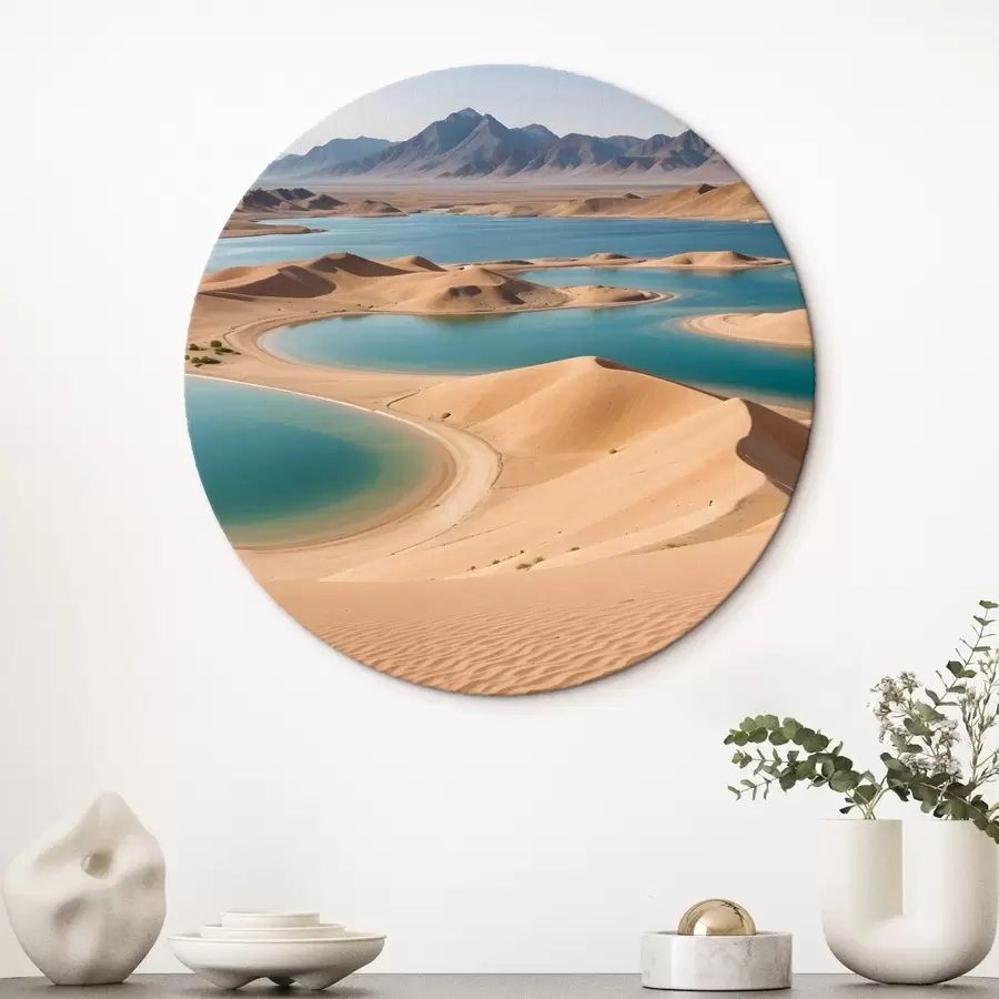 carta da parati Un vasto paesaggio desertico con dune ondulate e laghi turchesi, circondato da aspre montagne nr. r41087