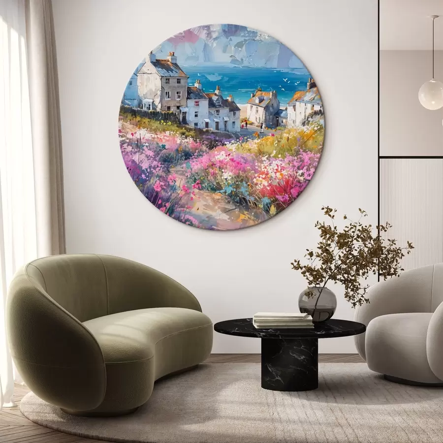 carta da parati Un coloratissimo dipinto a olio che raffigura una città di mare con case bianche e un vivace giardino fiorito in primo piano nr. r41090