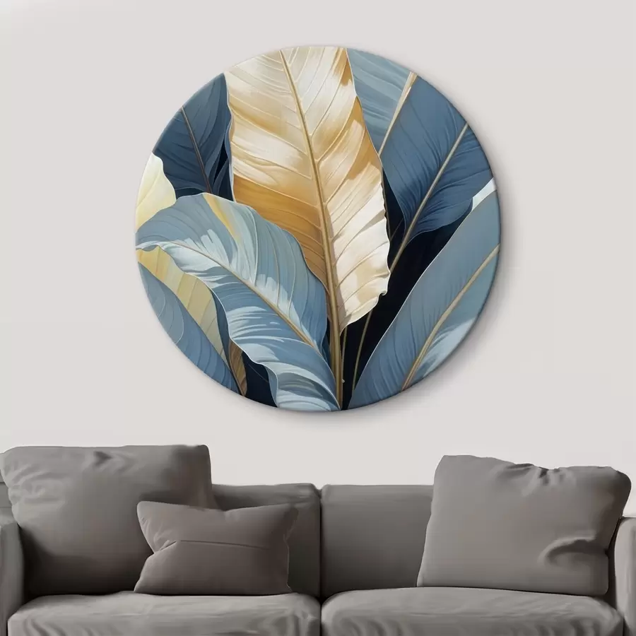 carta da parati Foglie tropicali con sfumature blu e gialle, grandi foglie di palma o di banano con un lussureggiante sfondo naturale nr. r41097