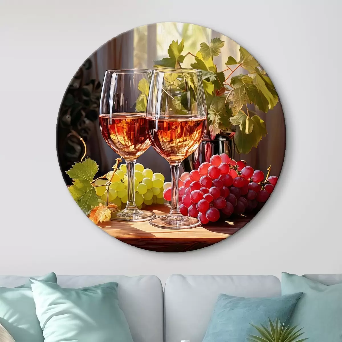Quadri rotondi bicchieri di vino e uva, natura morta r41105