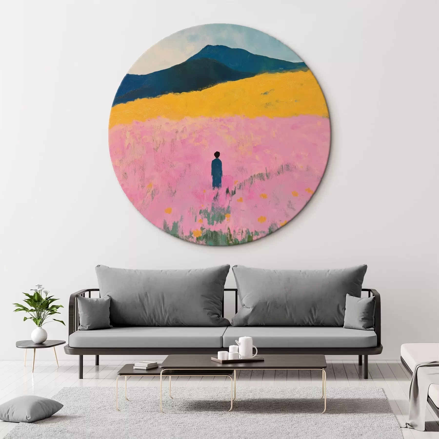 carta da parati Uomo in un campo con fiori rosa nr. r41164