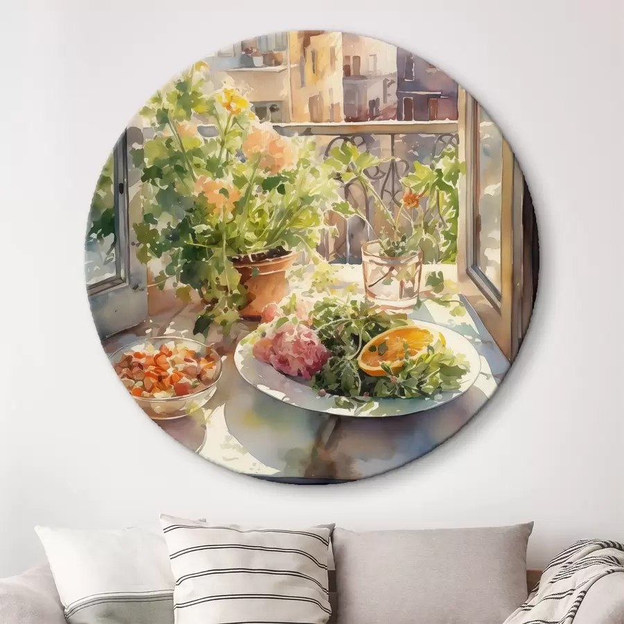 carta da parati Cena acquerello, vista città, fiori, natura, insalata verde nr. r41166