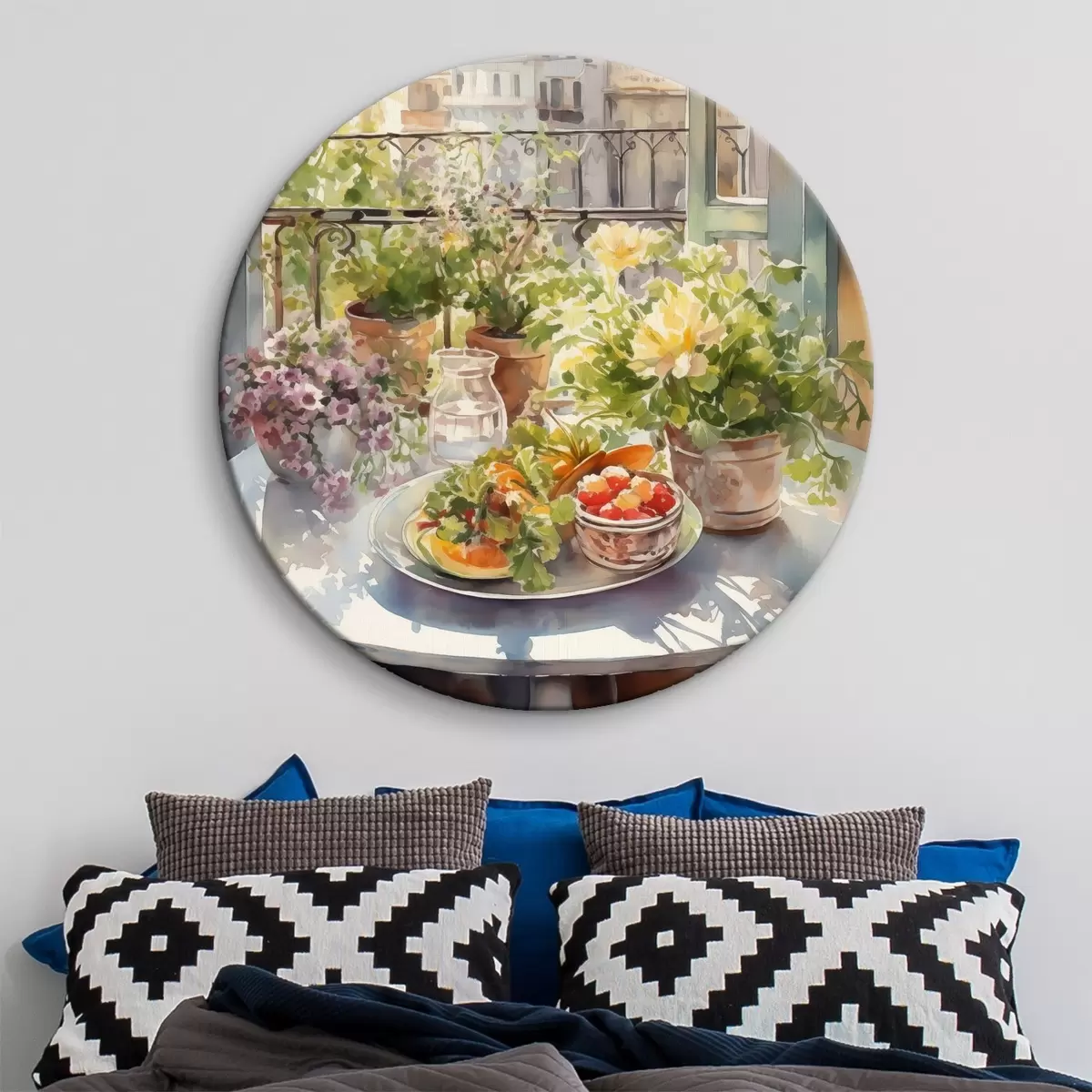 Quadri rotondi Cena romantica con vista sulla città, acquerello e fiori r41168