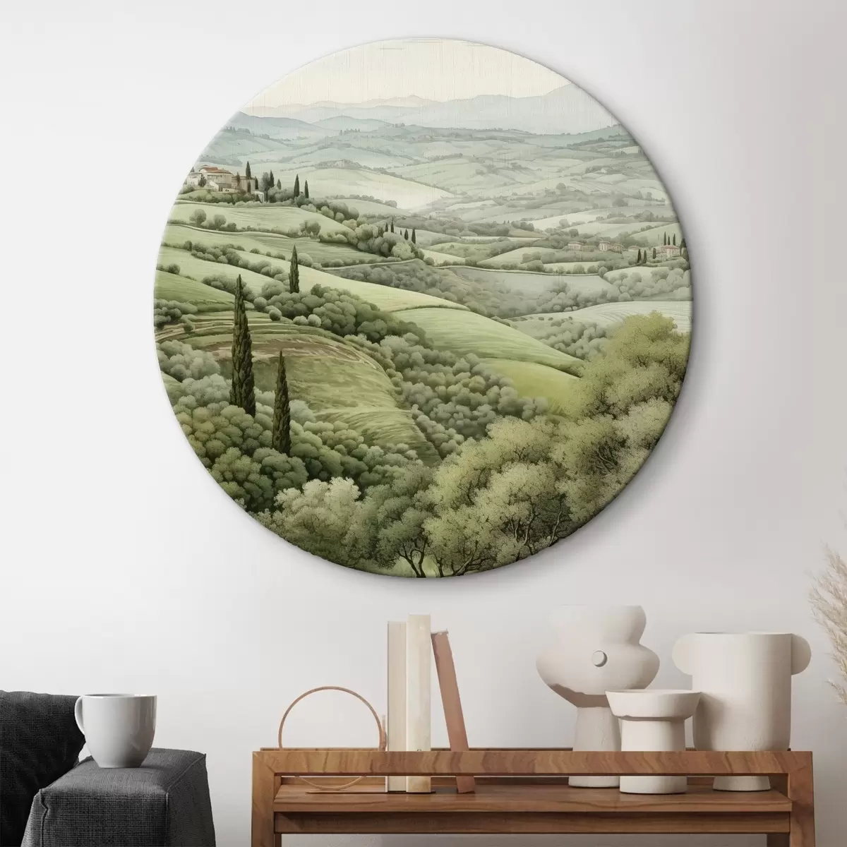 Quadri rotondi Paesaggi acquerellati con alberi e montagne, Toscana, estate r41222