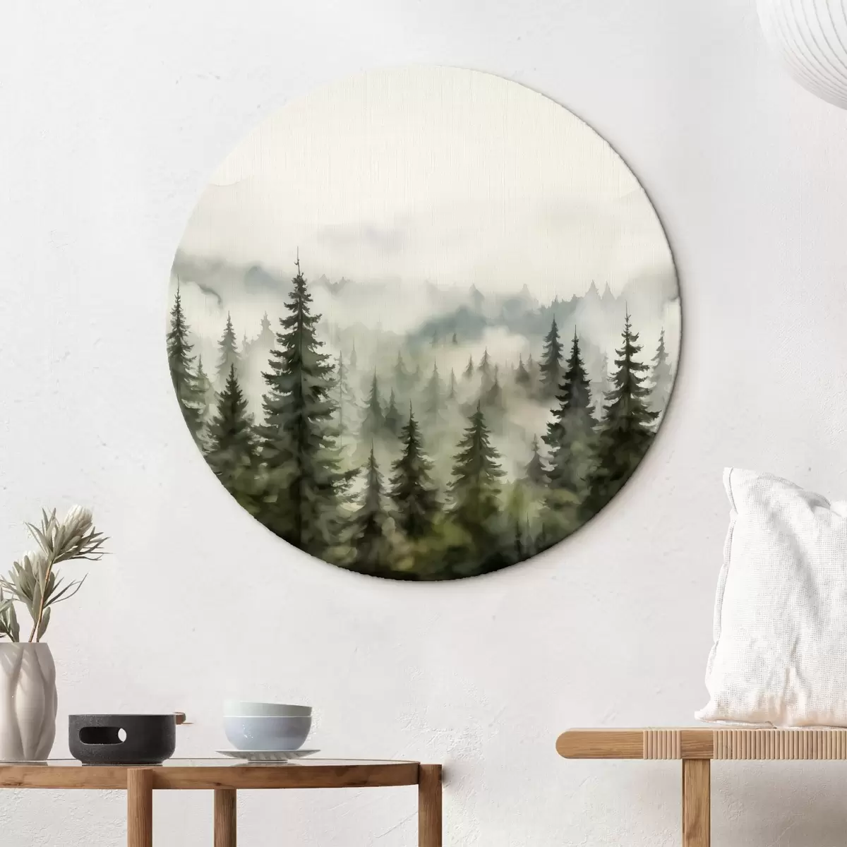 Quadri rotondi Foresta verde sullo sfondo di montagne e nebbia acquerello r41241