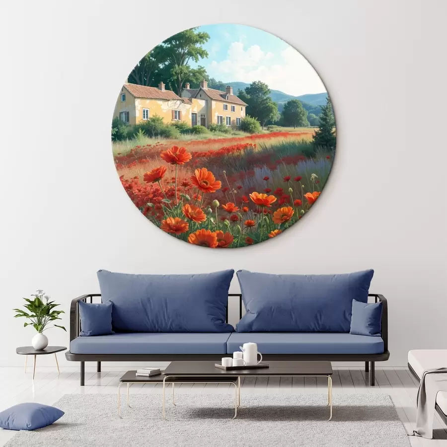 carta da parati Un campo di papaveri rossi in primo piano, con una fila di incantevoli case gialle e bianche sullo sfondo nr. r41260