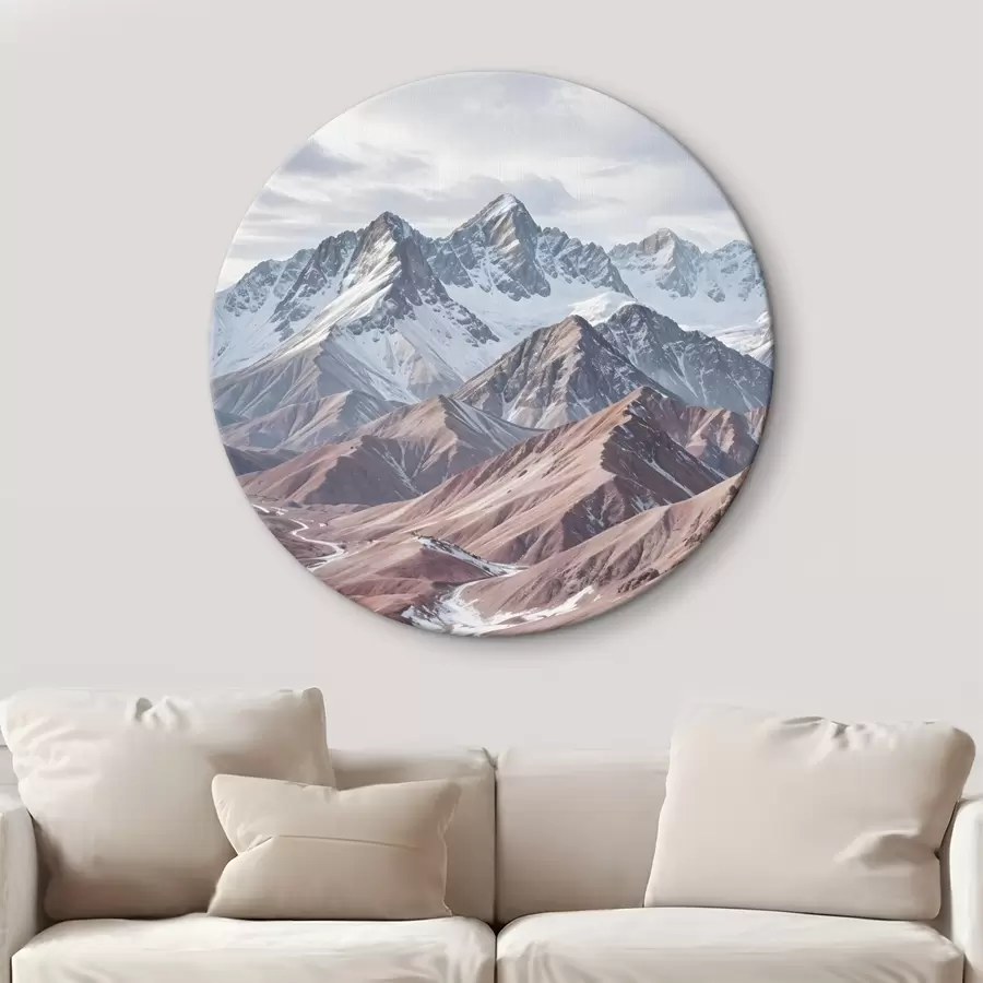 carta da parati Montagne aspre e innevate con un fiume tortuoso che scorre in un paesaggio vasto e colorato nr. r41262