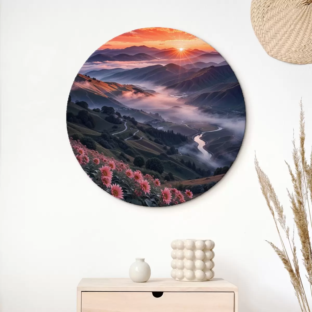 Quadri rotondi Paesaggio mozzafiato con un vivido tramonto su una regione montuosa con grappoli di fiori rosa r41263