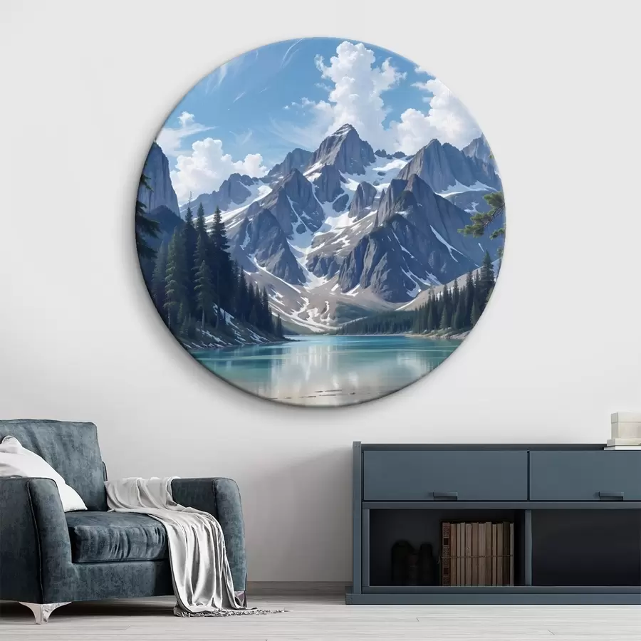 carta da parati Un tranquillo lago alpino circondato da maestose montagne innevate, con una fitta foresta e un cielo nuvoloso nr. r41264