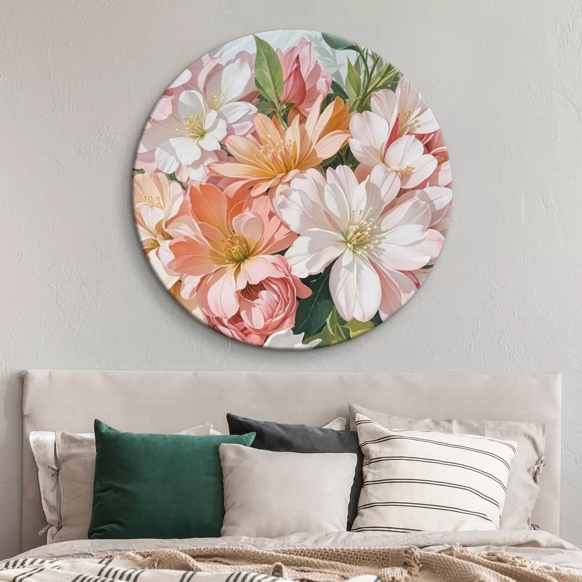 Quadri rotondi Vivace bouquet di grandi fiori di dalia rosa, bianchi e arancioni con foglie verdi su un delicato sfondo rosa r41267