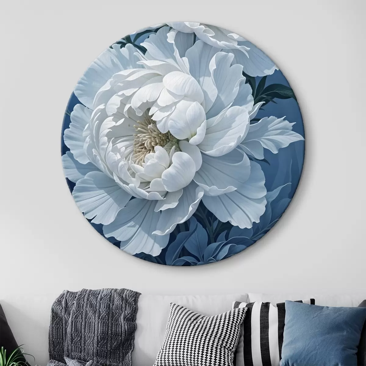 Quadri rotondi Peonie bianche con foglie verdi su sfondo blu scuro r41270